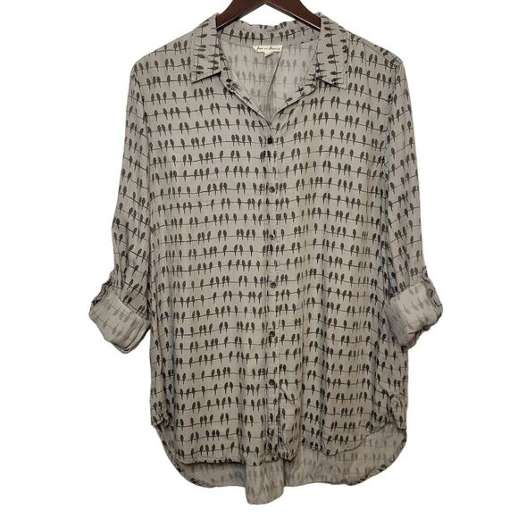 Jane and Delancey Tops - Anthropologie Jane and Delancey Gray Bird Print Button Down Shirt Sz XL Roll Tab